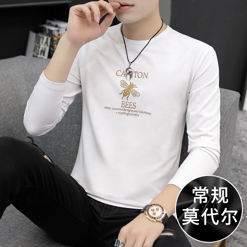 Long-sleeved t-shirt men's autumn Korean style trendy printed sweater with bottoming shirt T-shirt pure cotton round neck top clothes cx