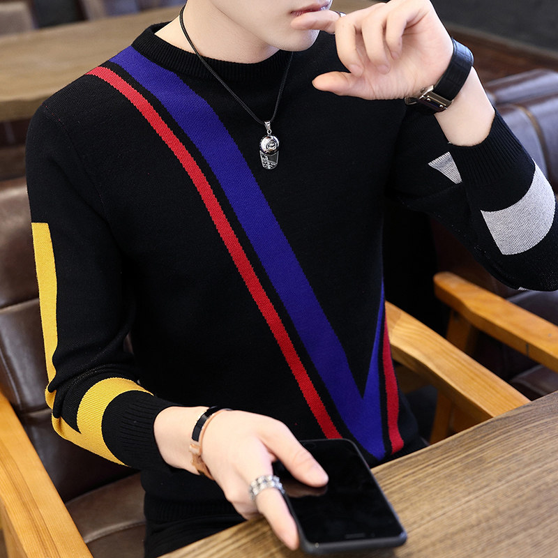 Fluff coat men's round neck Korean slim autumn men's fashion tops trend knitwear personality color matching base shirt men