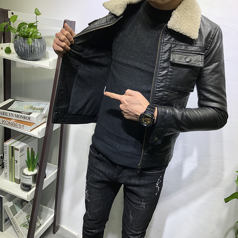 Men's leather jacket plus velvet thick lamb wool jacket men's winter Korean version trend fur collar detachable leather jacket men's tide wt