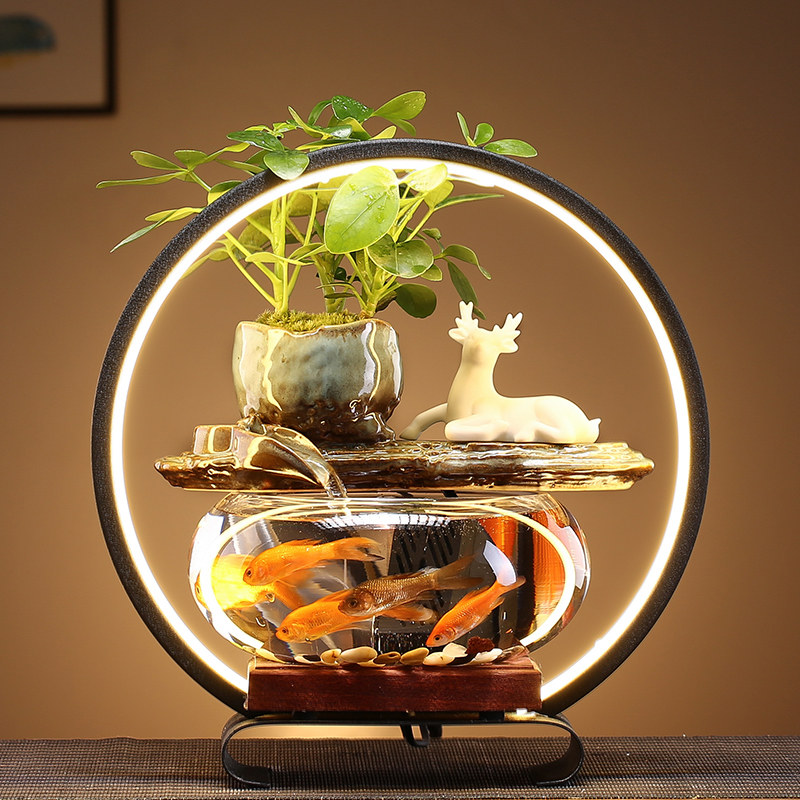 Small transparent glass flowing water goldfish tank home entrance desktop home living room creative with lights mini aquarium