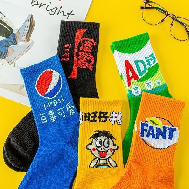 Drink-Themed Socks for Men and Women, Mid-Calf Length, Versatile, Trendy, Korean Style, Cartoon, Quirky, Cute, Japanese Style, Trendy, Casual Socks