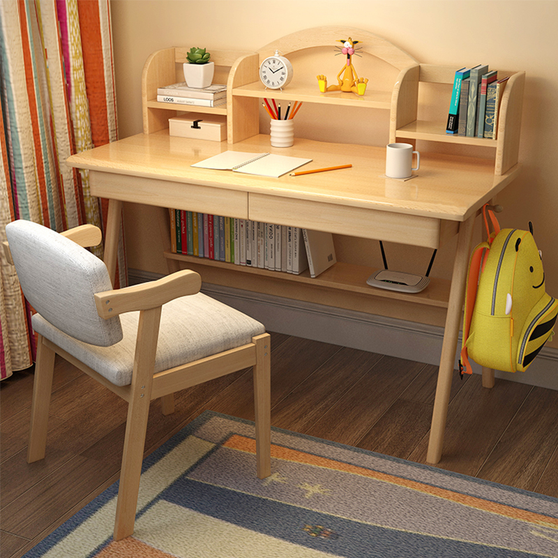 Nordic solid wood desk with bookshelf simple modern desk Japanese-style home bedroom primary school children's computer desk