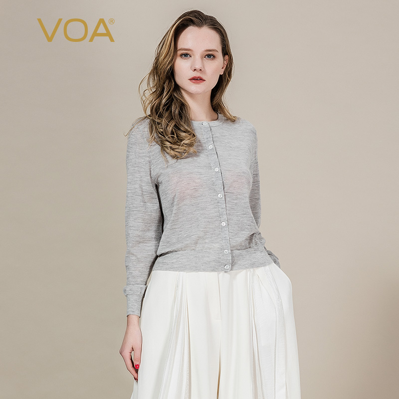 VOA tốt ấm 60 mỹ lysing cổ tròn tinh khiết cashmere của phụ nữ dài tay đường thẳng ren reel đơn hàng khóa điều hòa không khí cardigan