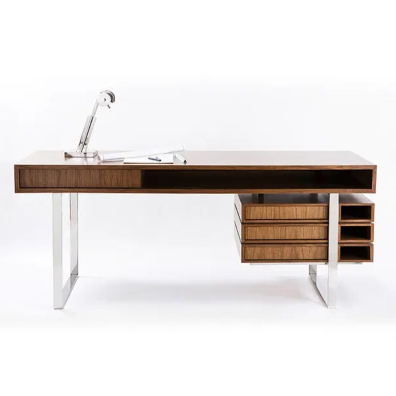 Italian Minimalist Desk, Simple Office Desk, Writing Desk, Black Walnut Desk, Light Luxury Stainless Steel Solid Wood Desk
