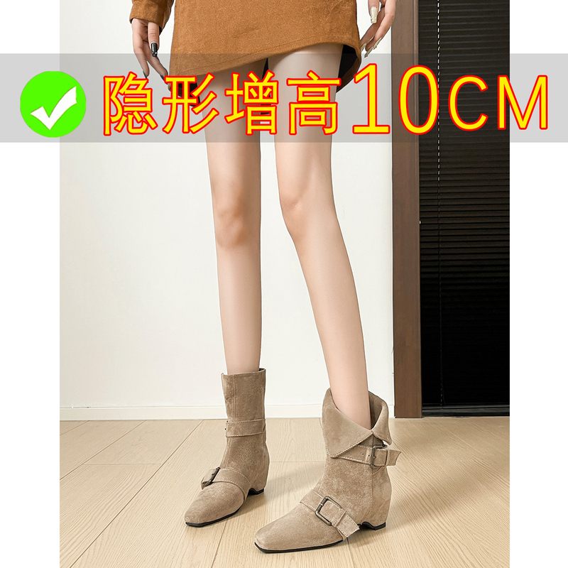 10cm Height-Increasing Women's Short Boots with Square Toe, Unique Design, Retro Style, High-Heeled Western Boots for Petite Women, Winter Fleece-Lined