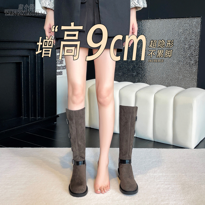 Women's 9cm Hidden Heel High-Tube Riding Boots, Suede Retro Belt Buckle, 2026 New Style, High-Heeled Long Boots for Petite Women
