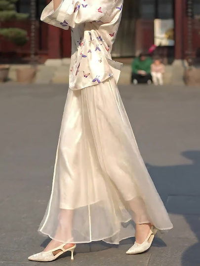 White skirt for women summer new Chinese style high waist slimming this year's popular mesh skirt with beautiful temperament