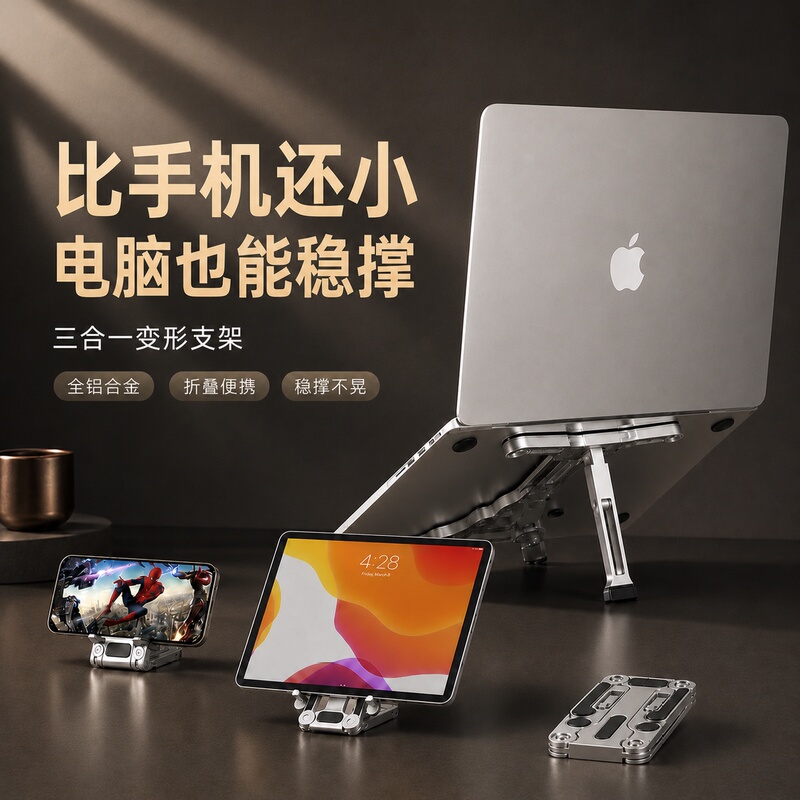 Jilas Laptop Stand, Mobile Phone and Tablet Three-In-One Foldable Portable Desktop Metal Transformer Stand