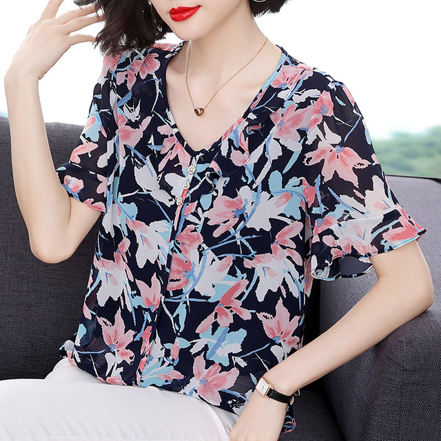 Floral V-neck chiffon shirt women's short-sleeved 2022 summer new foreign style lotus leaf cover belly mother small shirt fashion top