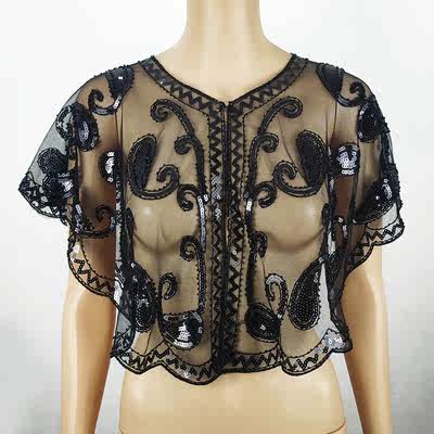1920s vintage shawl, evening shawl, beaded and sequined evening dress, party style, outerwear, women's sun protection short style