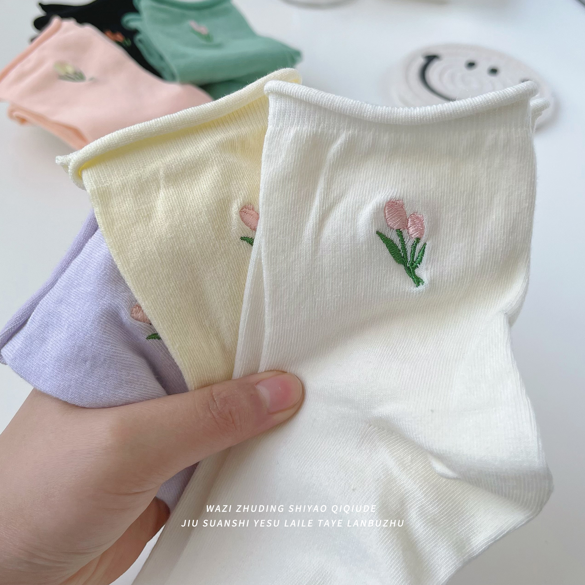 White tulip curly socks women's ins tide summer small fresh mid-tube socks Japanese college wind summer thin section