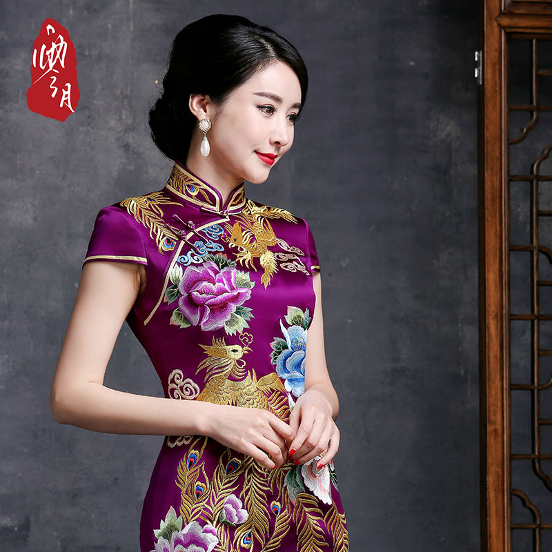 Zero month handmade true silk qipao dress with improved mother's long version of mulberry silk embroidered wedding mother qipao gown