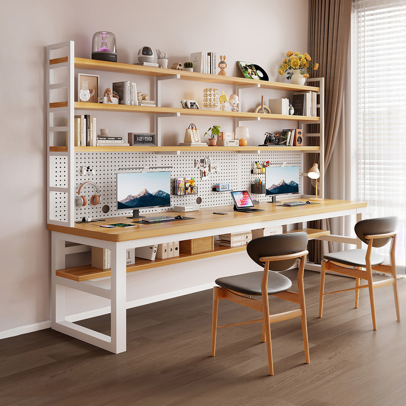 Solid Wood Computer Desk, Desktop Home Desk, Bookshelf Integrated Table, Double Writing Desk, Student Pegboard Study Desk