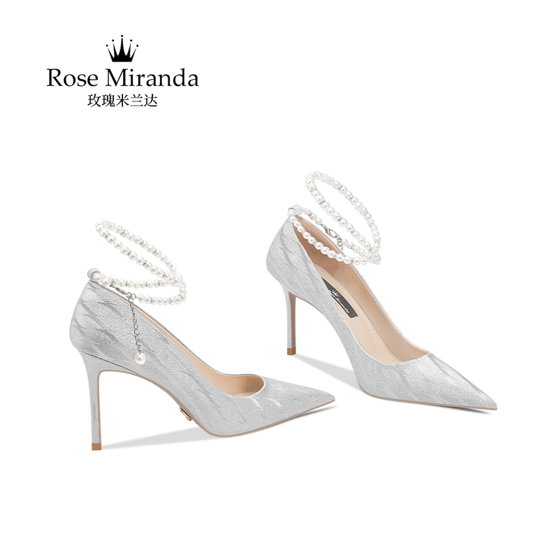 Rose Miranda High Heels Silver Stiletto Strapless Pointed Toe Shallow Single Shoes Rose Miranda High Heels Silver Stiletto Strapless Pointed Toe Shallow Single Shoes