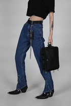 50% off American style Fuzzykon fan-shaped hems spliced personality niche dark blue retro denim trousers
