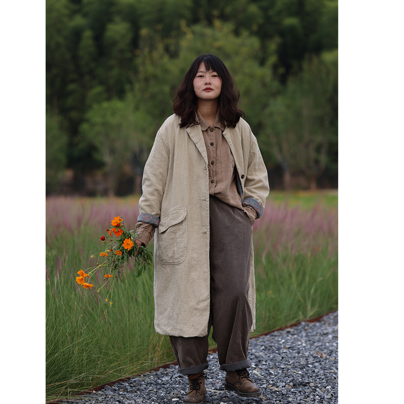 Clothes Have a Long History, and Linen Vintage-Style Long Trench Coat with an Elegant Autumn Vibe 28078