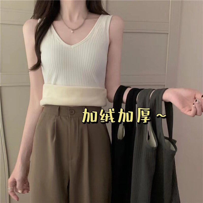 Women's Seamless Thermal Vest, Thickened and Fleece-Lined, Suitable for Layering, Autumn and Winter Style, Top for Wearing under Camisole, V-Neck