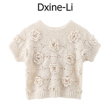 DXINE 2023 New Design Sense Small Flower Short sleeved Sweater Short Knitted Shirt Hollow Bottom Top Women's Summer