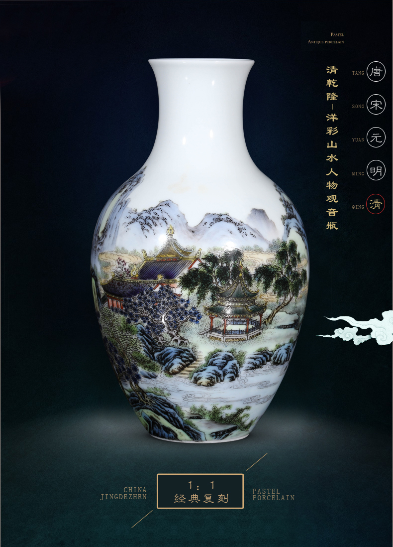 Jingdezhen ceramics hand - made vases, flower arranging the sitting room of Chinese style household decorations goddess of mercy bottle color landscape characters