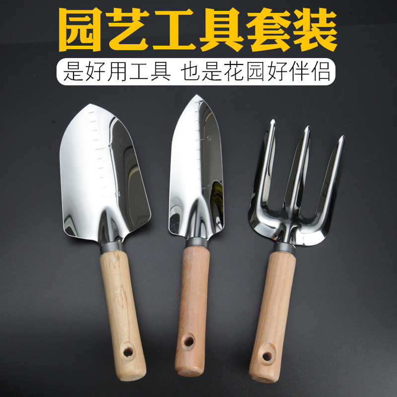 Home gardening tool set Stainless steel vegetable and flower succulent shovel rake set Small shovel wooden handle Glossy