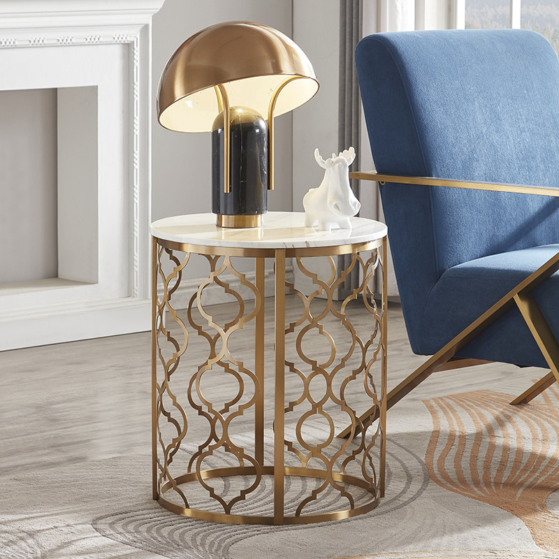 American light luxury natural marble corner table home living room sofa side table hollow metal balcony round coffee table