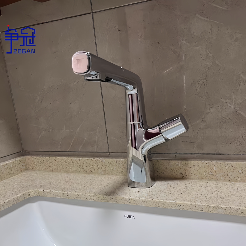 Xiaohongshu Source Factory Copper Pull-Out Adjustable Height Basin Faucet Hot and Cold Rotating Heightened Bathroom Cabinet Washbasin