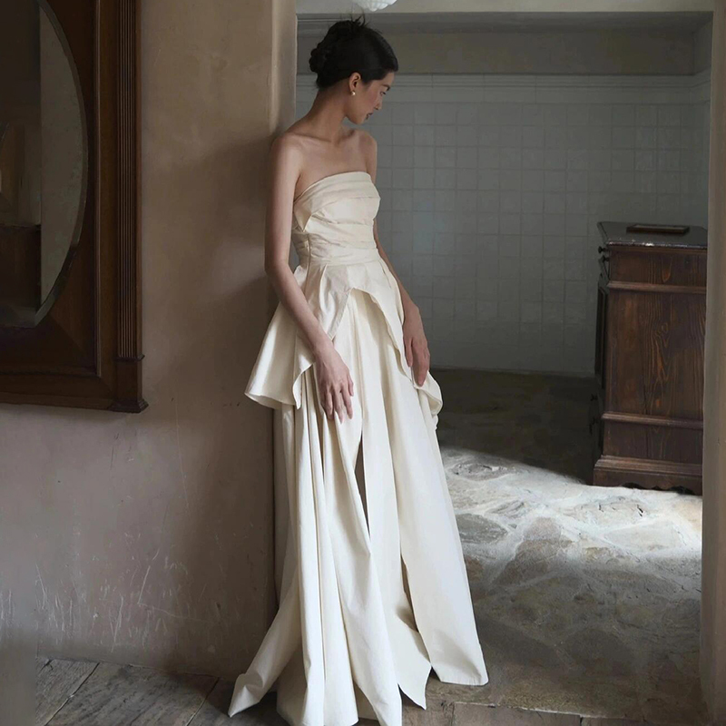 Bridal Strapless Wedding Dress, French Satin, Simple Engagement Dress, Everyday Niche Light Luxury, Reception Dress with Train
