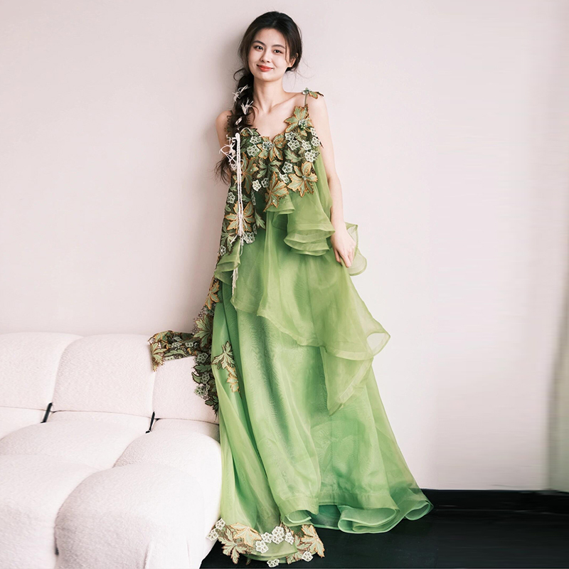 Morning Gown Bride Green Forest-Style Vacation Slip Dress Student Graduation Dance Performance Zhu Xu Dan Same Style Evening Dress for Women