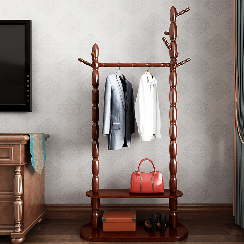 Bedroom hanger floor-to-ceiling solid wood coat rack Chinese coat hanger living room vertical American double-bar clothes rack
