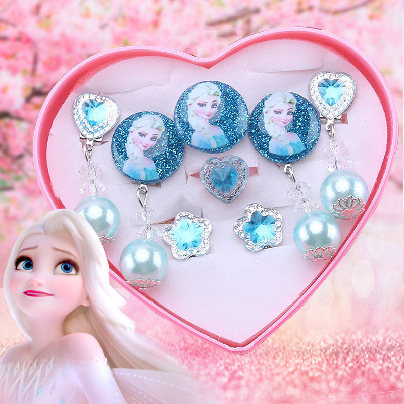 Frozen Kids Jewelry Gift Box Fake Earrings Little Girl No Ear Piercing Earrings Elsa Princess Ring Earrings