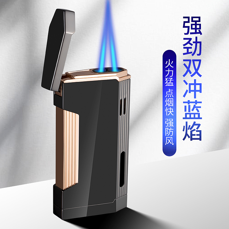 Double Fire Blue Flame Straight Punch Mesh Red Cigar Lighter Inflatable Windproof Creative Personality Men Tide Explosion Proof Metal Housing