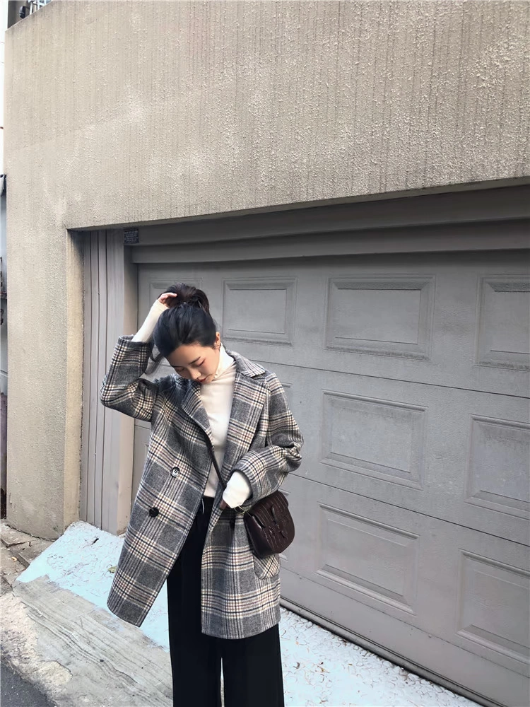 Một fishstudio cá muối houndstooth blazer ấm áp đầy đủ len giản dị retro hai mặt