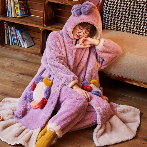 Демисезонная коралловая бархатная милая фланелевая пижама, флисовый банный халат, оверсайз, увеличенная толщина