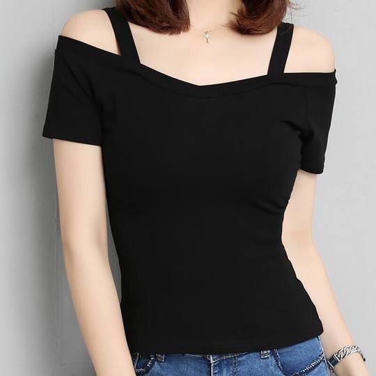 Women's T-shirt women's summer Korean style black l off-shoulder suspender short-sleeved T-shirt women's one-line collar off-shoulder sexy top trendy