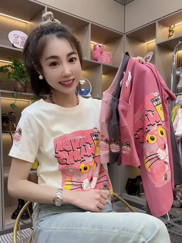 European Style Pink Panther Print Pure Cotton Short-Sleeve T-Shirt for Women, New Summer Fashion Versatile Slim-Fit Slimming Base Top