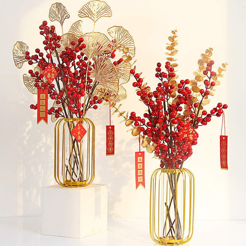 Fortune fruit red red fruit holly fruit fake flower simulation flower decoration living room New Year decoration flower wedding flower decoration