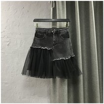 Korean version of high waist A skirt autumn 2020 new slim slim mesh stitching denim skirt womens summer