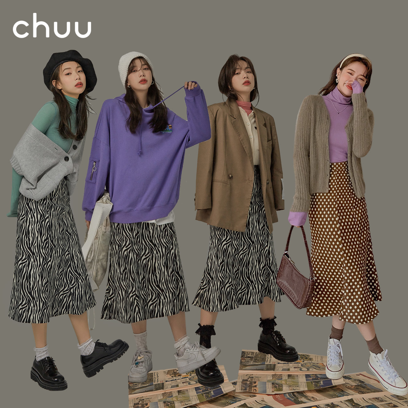 CHUU small zebra half-body dress 2022 spring new retro temperament high waist display slim medium long version A-character dress