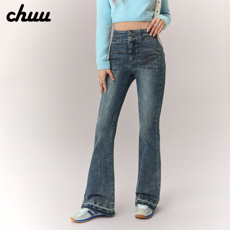 Chuu Raw Hem Flared Jeans for Women 2026 Spring and Autumn New Sweet Cool Letter Embroidery Slim High-Waisted Long Pants