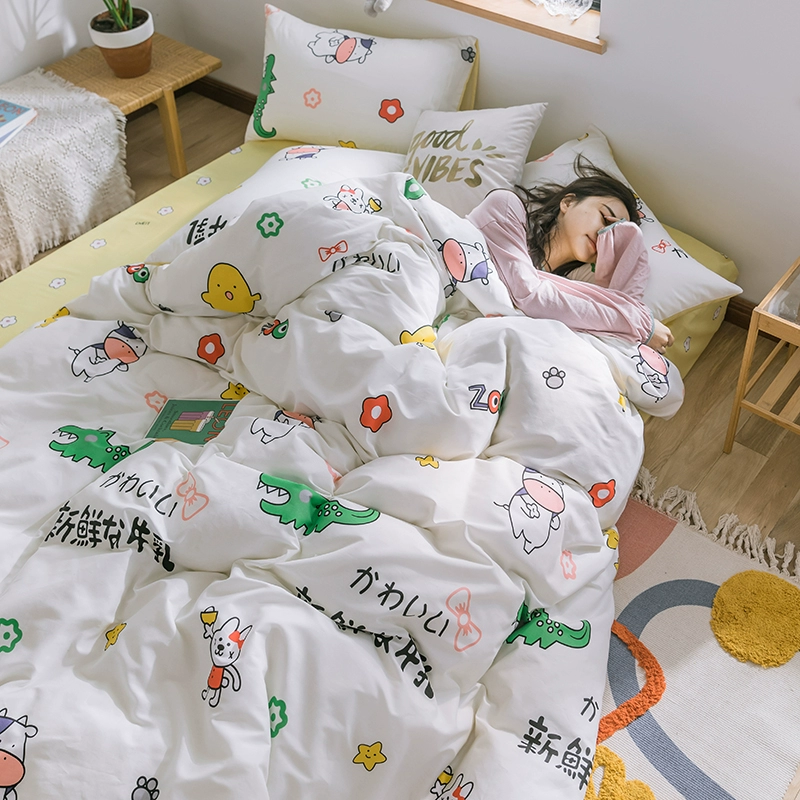 Bộ bốn mảnh cotton phong cách Nhật Bản, vỏ chăn bông thuần khiết phong cách hoạt hình, ga trải giường, bộ đồ giường ba mảnh hình trái tim bé gái - Bộ đồ giường bốn mảnh