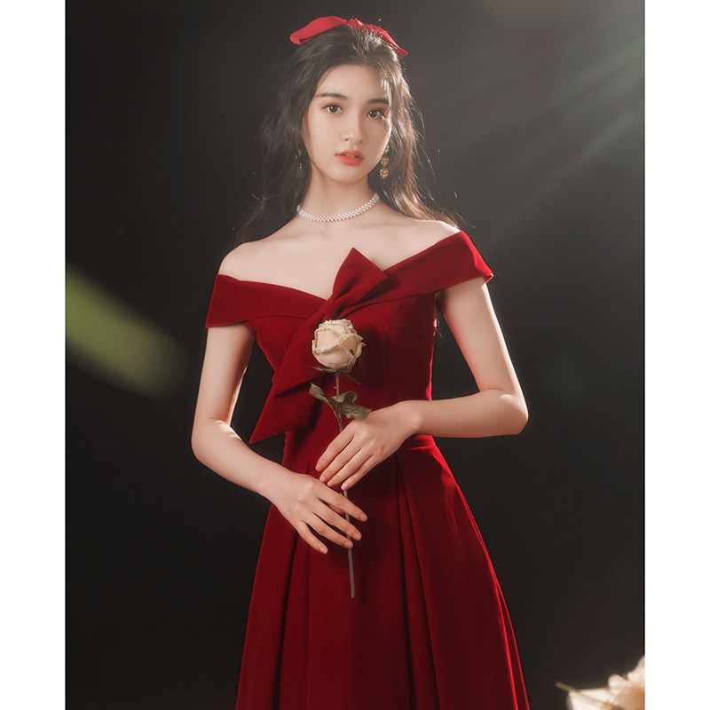 One-shoulder toast dress summer bride wine red bow engagement dress small dress skirt female summer small