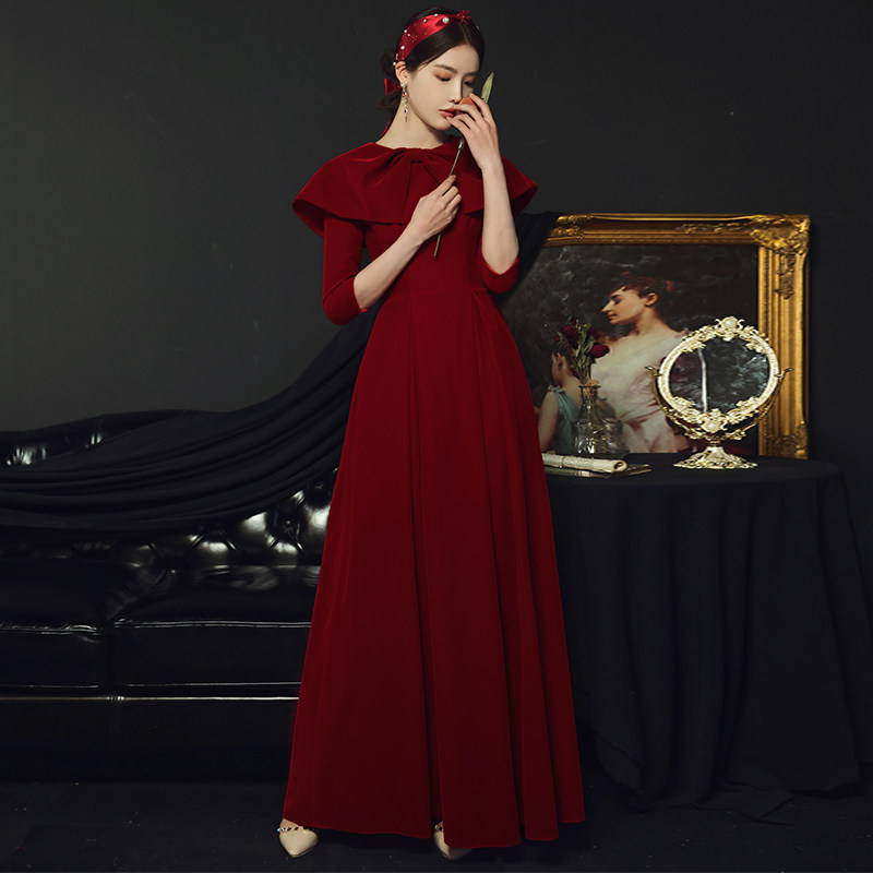 Long-sleeved toast dress bride 2022 new wedding evening dress skirt female engagement wine red dress can be worn at ordinary times