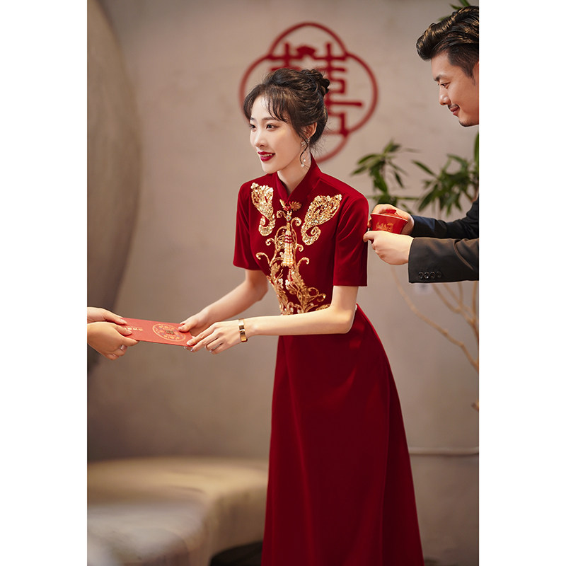 Qipao toast to the bridal red 2023 new conspicuble Chinese wedding small gown dress Summer Advanced sensation-Taobao
