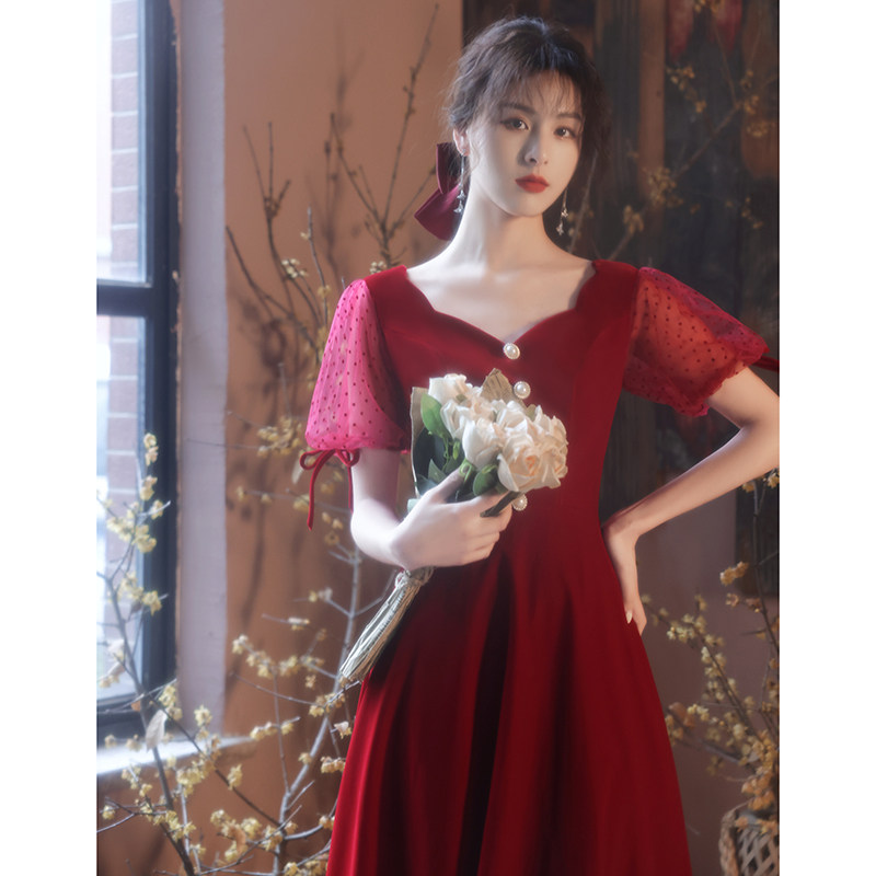 Toast clothing brides can usually wear summer short-sleeved engagement dress wine red small dress skirt female dignified