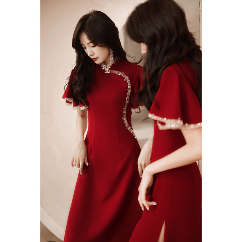 Improved flaggown toast bride small man can usually wear engagement dress dress to get married back to wine red summer