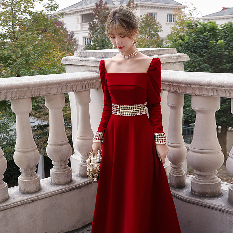 Toast bridal spring autumn 2022 new air quality light and luxurious Wine Red Engagement Gown Dress Woman Long Sleeve High End