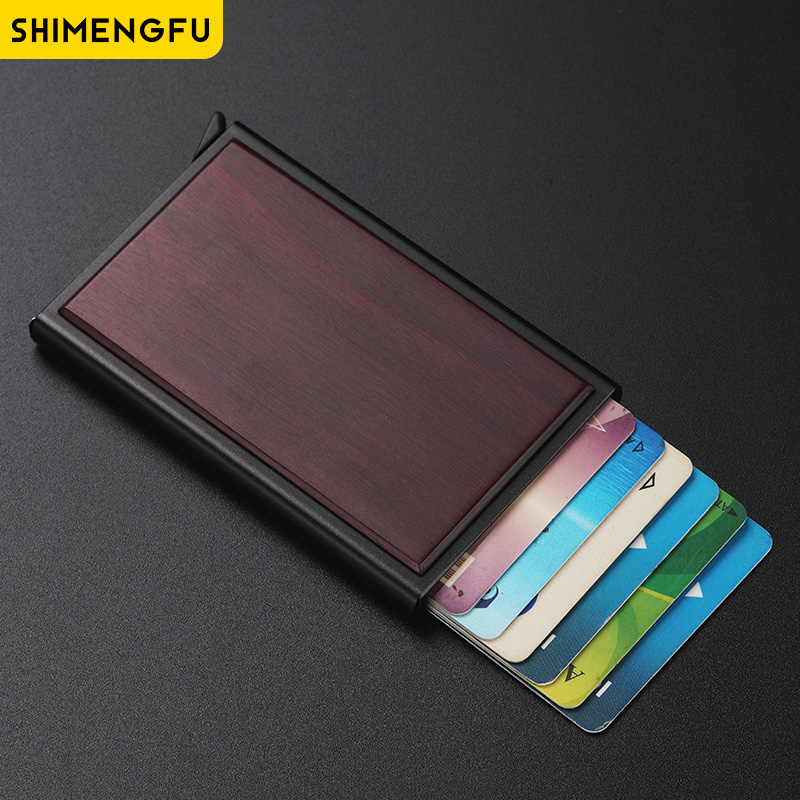 SHIMENGFU solid wood aluminum alloy automatic pop-up card holder minimalist male card holder anti-magnetic thin anti-theft card box