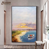  Modern light luxury entrance porch hand-painted oil painting abstract sea sunrise living room vertical harbor decoration mural customization