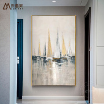 Modern light luxury hand-painted decorative painting corridor entrance vertical version of handmade oil painting abstract sailing boat hanging painting Sail away