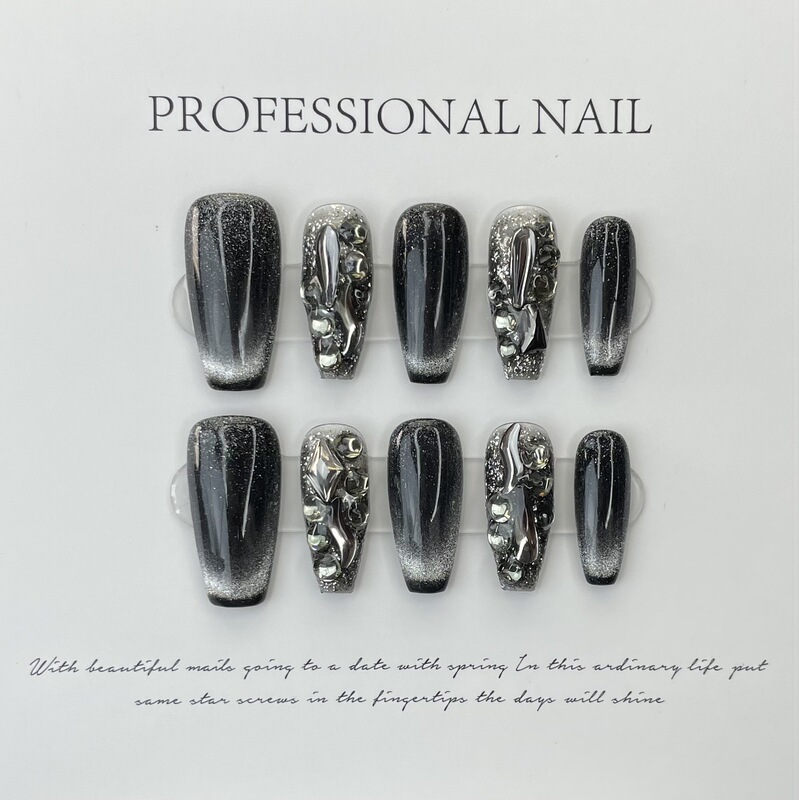 【Black Flash Cat's Eye】Crystal Full Diamond Cat's Eye Fake Nails Handmade Wearable Nails Brightening Dark Black Niche Style Black 【Black Flash Cat's Eye】Crystal Full Diamond Cat's Eye Fake Nails Handmade Wearable Nails Brightening Dark Black Niche Style Black